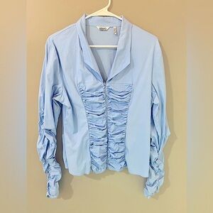 Stera vintage zip front women blouse size small baby blue long sleeve textured